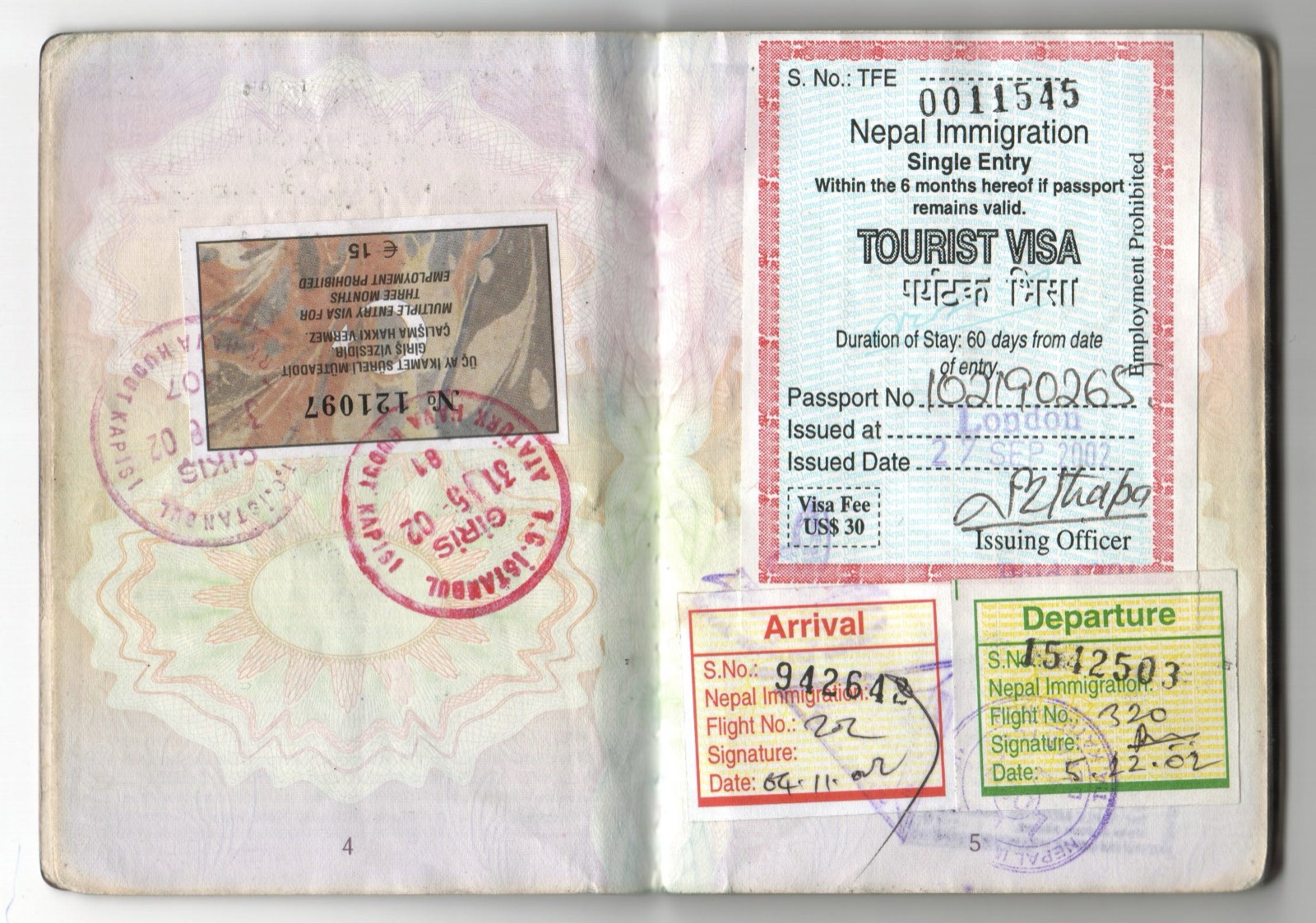Nepal Tourist Visa with arrival and departure stamps, December 2002