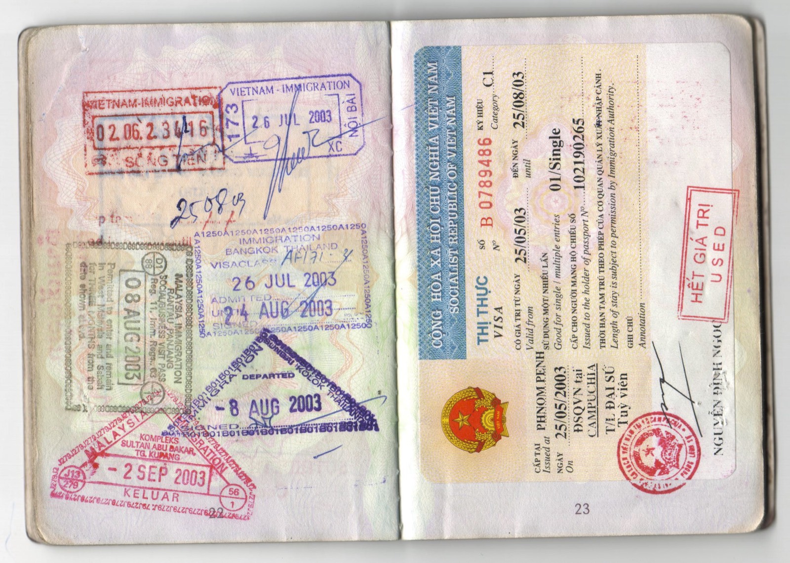 Vietnam visa and Cambodia stamps, 2003