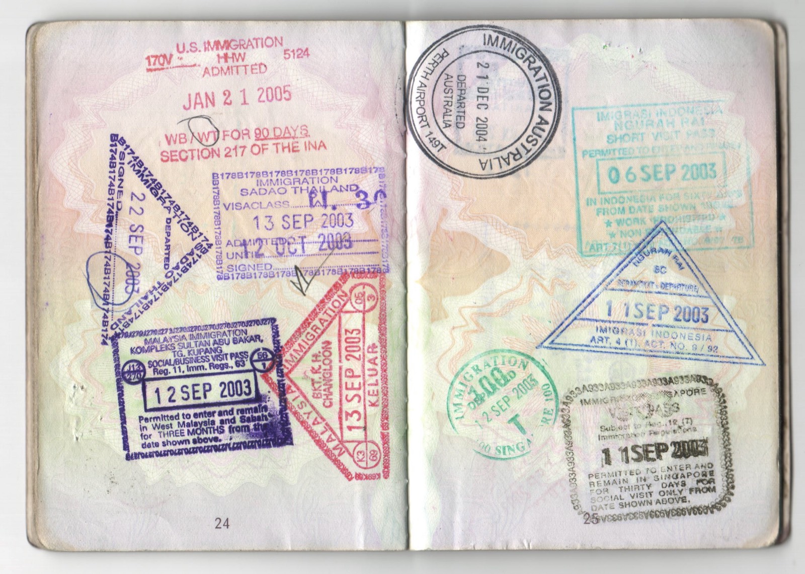 Dense stamp page: Malaysia, Singapore, Indonesia, USA Immigration