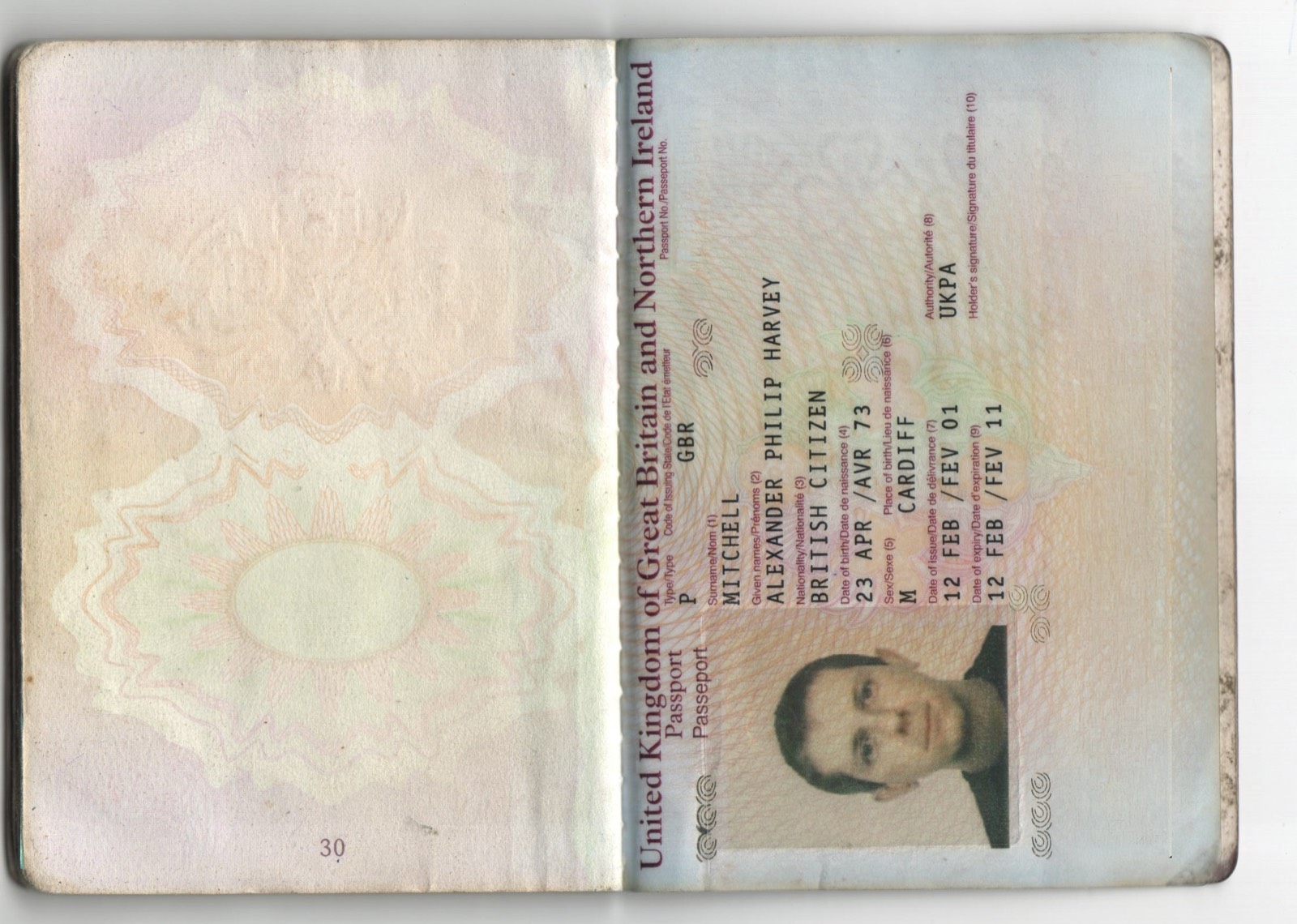 UK passport bio page: Alexander Philip Harvey Mitchell, Cardiff, 1973