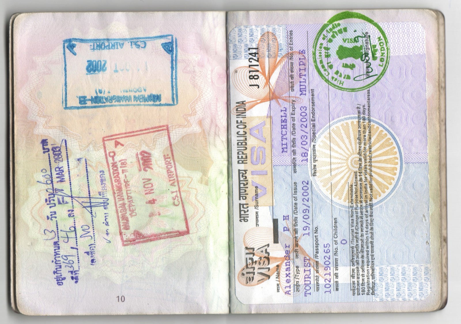 Republic of India Tourist Visa, issued 19 September 2002